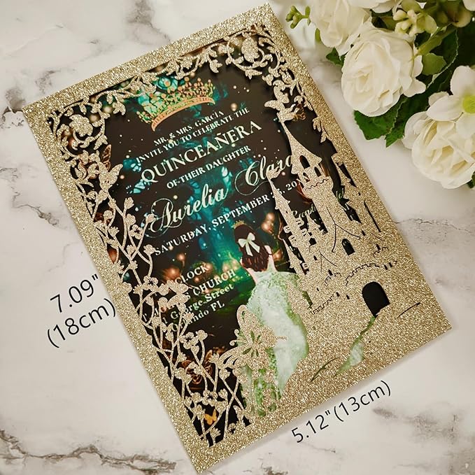 20PCS Castle Pocket Invitations, Quinceanera Invitations with Envelopes, Princess Invitation, Laser Cut quince invites (glitter light gold)