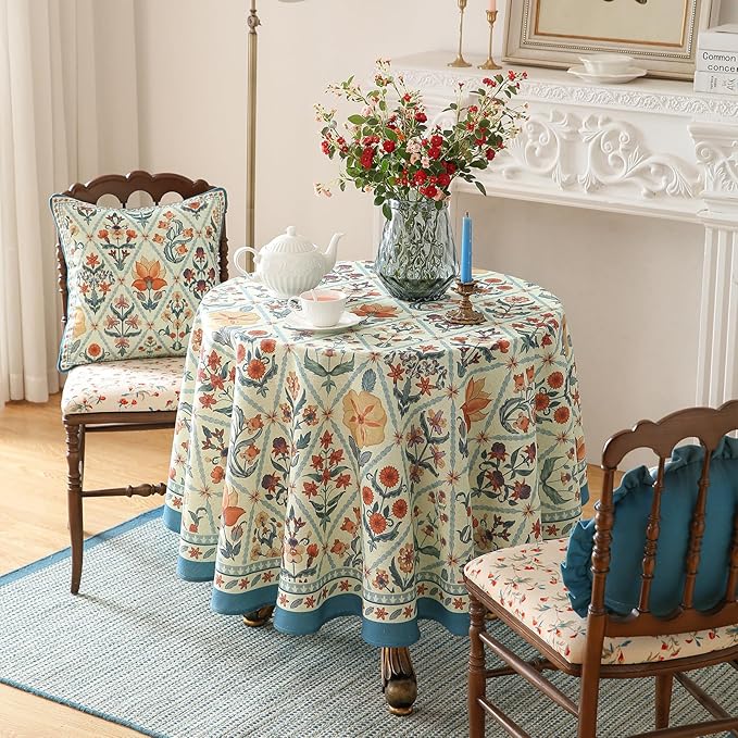ISAENNE Designer Linen Elegant Small Round Tablecloth,Colorful Floral Bohemian Table Cloth,Wrinkle Resistant Decor Tablecloths for Dining Thanksgiving Kitchen Christmas,Diameter 55"-Floralsea A