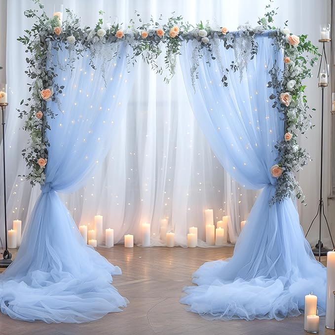 Blue Tulle Backdrop Curtains with Lights String for Parites Baby Shower 20×10ft Blue Sheer Backdrop Curtains Drapes for Bridal Shower Birthday Party Photo Shoot Background Decorations(4 Panels 5×10ft)