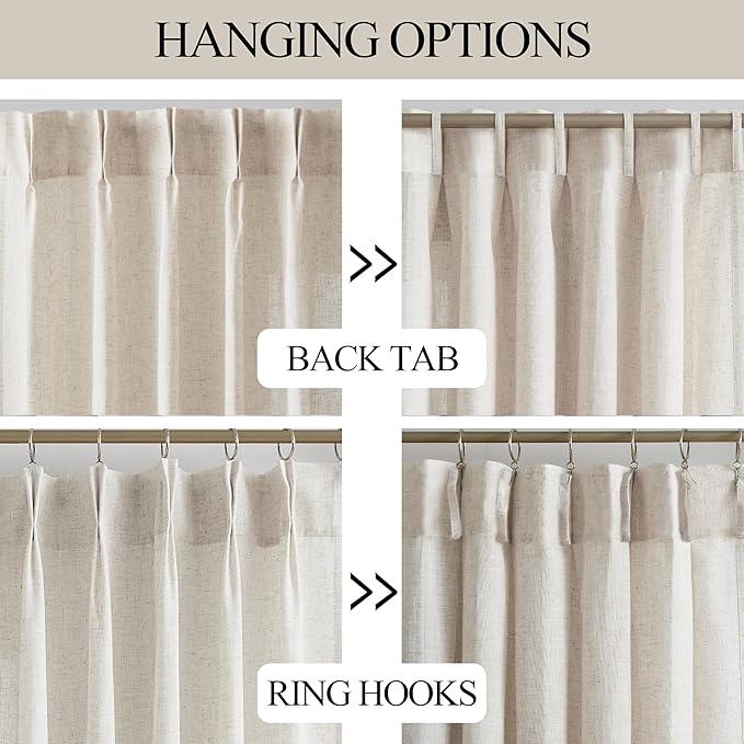 Vision Home Natural Pinch Pleated Semi Sheer Curtains Textured Linen Blended Light Filtering Window Curtains 108 inch for Living Room Bedroom Patio Pinch Pleat Drapes with Hooks 1 Panel 60" Wx108 L