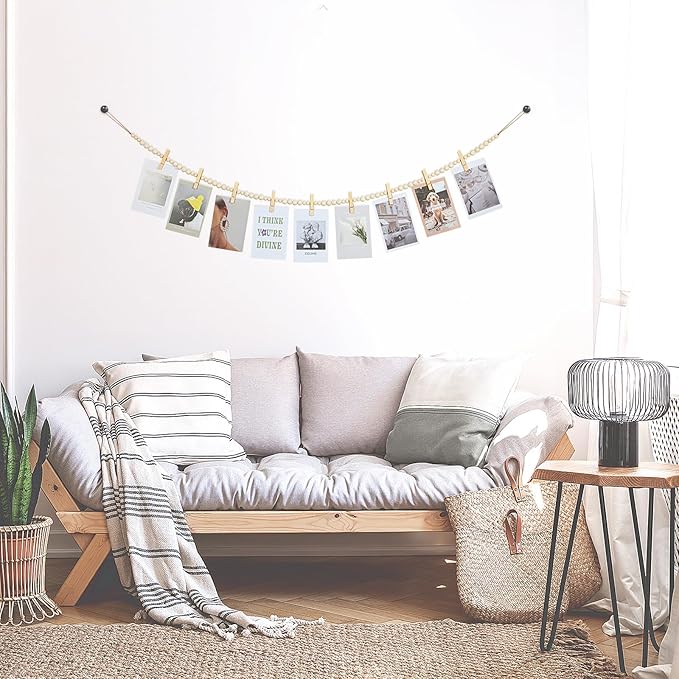 Hanging Photo Display Wall Decor, 3PCS Boho Wooden Bead Garland Collage Picture Frame with 9 Wood Clips for Bedroom, Living Room, Office, Dorm Decor, Photos Holder Teen Girl Gifts