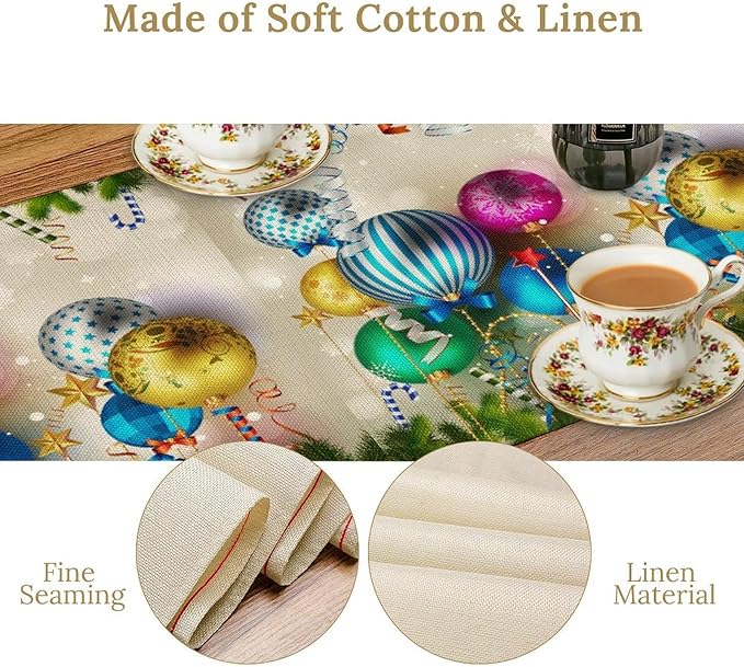 Christmas Table Runner,Colorful Balls Xmas Tree Snowflake Pattern Print Tablecloth Burlap for Hotel Indoors Outdoor Dining Room Kitchen Home Decor,W13X L90 in