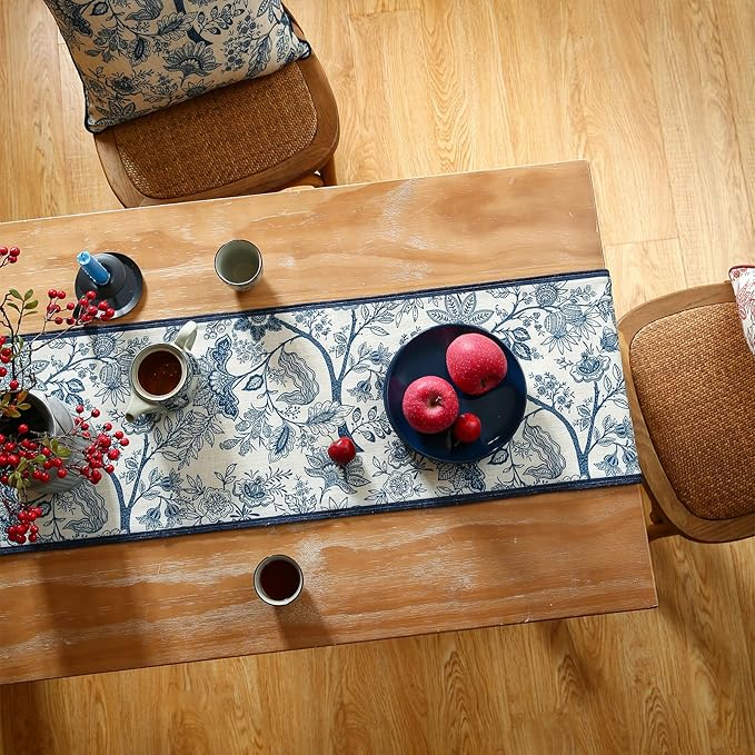 ISAENNE Designer Chinoiserie Elegant Linen Table Runner 87 Inches Long,Blue Floral Pattern Decor Table Runners for Thanksgiving,Dining Room,Banquet,Kitchen Tables,Christmas,12"*87"-Ruyi B