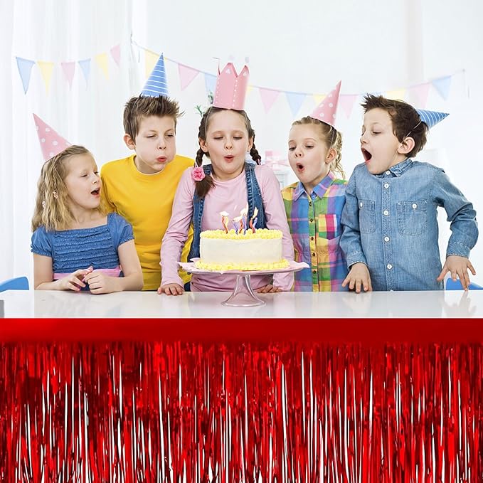 4 Pack Metallic Foil Fringe Tinsel Table Skirts,29x108 Inch Party Disposable Table Skirt Banner for Hotel Banquet Parade Floats Mardi Gras Holiday Birthday Wedding New Year Party Decoration(Red)