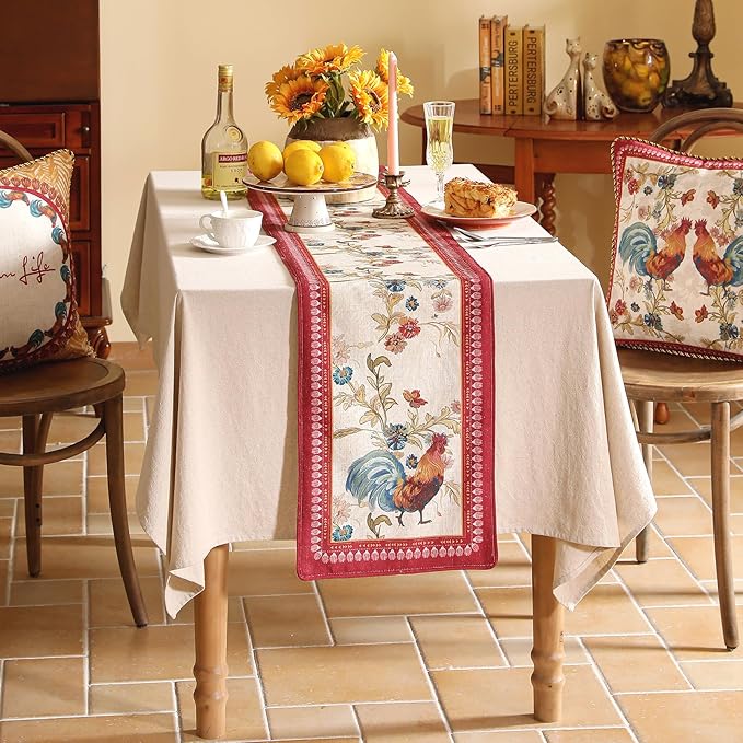 patdrea Designer Farmhouse Linen Table Runner, Rustic Cottage Mauve with Rooster and Floral Pattern Fabric Table Mat, Decoration for Kitchen Dining Coffee Table Banquet Christmas , 12"*71"