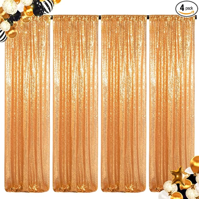 ShinyBeauty Sequin Backdrop Curtains 4 Panels Gold 2FTx8FT Gold Sequin Backdrop Sequin Fabric Photo Backdrop Curtains Gold Glitter Curtains for Party Baby Shower Backdrop Backgrounds