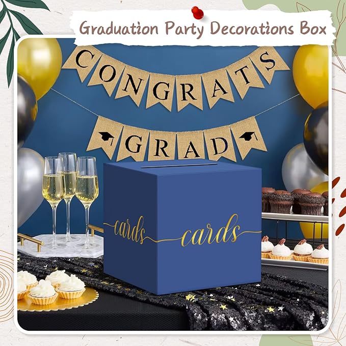 QIKSION Navy Blue Graduation Card Box, Gold Foil Gift Card Box for Graduation, Party, Wedding Reception, Birthday, Baby Shower, Raffle