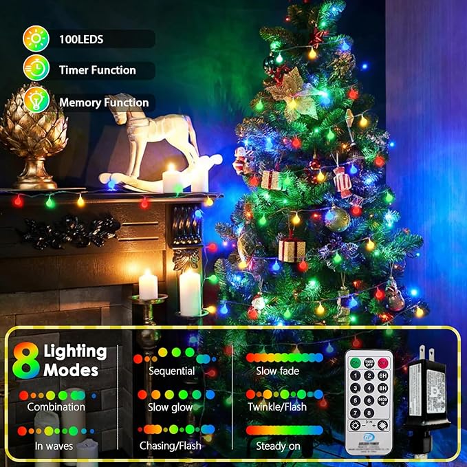 LORRYTE Connectable 100LED Christmas Lights Outdoor Indoor - 43FT Multicolor Globe String Lights with Remote, 8 Modes Plug in Fairy Light Waterproof for Christmas Decorations Bedroom Decor