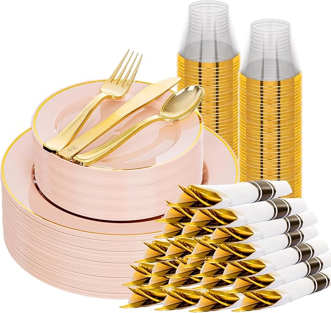 SUT 175 Pcs Pink and Gold Plastic Dinnerware Set for 25 Guests, Include: 25 Dinner Plates, 25 Dessert Plates, 25 Pre Rolled Napkins With Silverware, 25 Cups, Disposable Plates for Baby Shower, Party