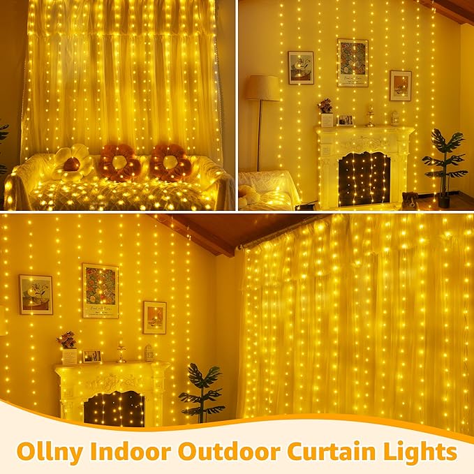 Ollny Curtain Lights 300LED 9.8ftx9.8ft, Connectable IP67 Waterproof Outdoor Curtain String Lights with Remote, Plug-in Untangle Fairy Lights with 8 Modes 3 Timers for Wall Backdrop Decor(Warm White)