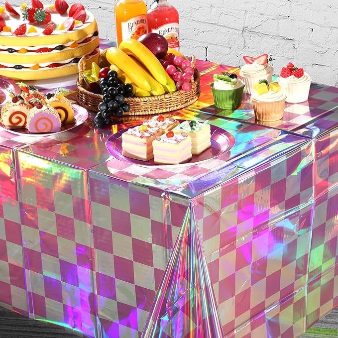 6 Pack Pink and Iridescent Checkered Plastic Tablecloth, Shiny Disposable Laser Rectangle Table Covers, Holographic Foil Tablecloth Iridescent Party Decorations for Picnic Camping Outdoor, 54x108Inch