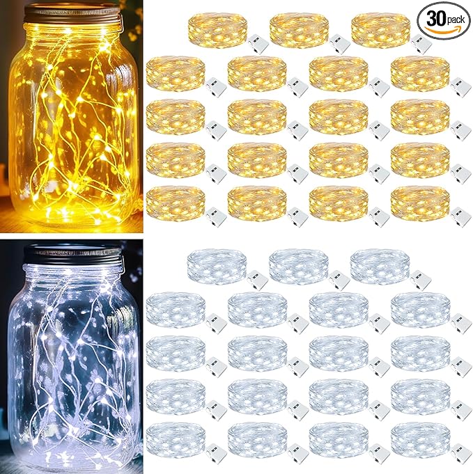 kolpop 30 Pack LED Fairy Lights Battery Operated, 7FT 20 LED Mini Twinkle String Lights Battery Powered Waterproof for Christmas Mason Jars Party (Cool&Warm)