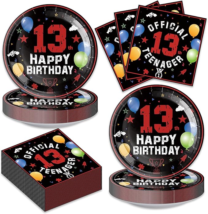 40Pcs 13th Birthday Decorations Officially a Teenager Party Decorations for Boys 13th Birthday Plates and Napkins, Suitable for 20 Guests