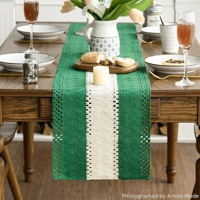 Artoid Mode Dark Green Farmhouse Rustic Table Runner, Seasonal Hollow Kitchen Dining Table Decoration for Home Party Decor 12x120 Inch