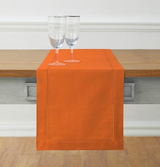Solino Home Cotton Linen Pumpkin Table Runner 108 Inches Long - Hemstitch 14 x 108 Inch Table Runner for Fall, Autumn, Halloween, Thanksgiving, Holiday - Handcrafted and Machine Washable