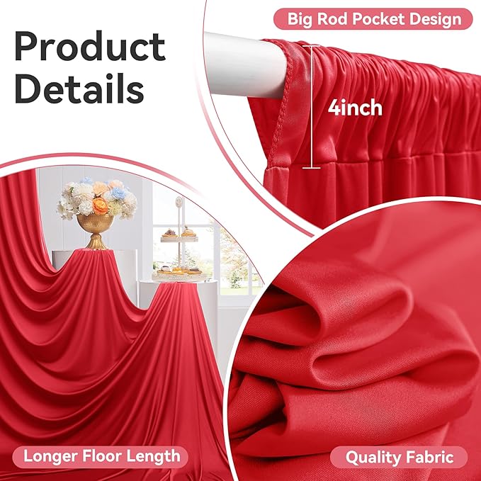 30ftx12ft Wrinkle Free Red Backdrop Curtain, 6 Panels 12FT Height Red Wedding Backdrop Drapes, Silky Polyester Back Drop Cloth for Birthday Photography Background Party Backdrop Draping