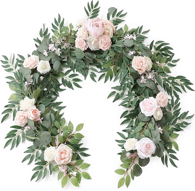 Floroom 6ft Artificial Eucalyptus Garland with Flowers Fake Greenery Faux Floral Vine Garland for Table Decor Wedding Centerpieces Bridal Shower Party Decorations, Blush & Cream
