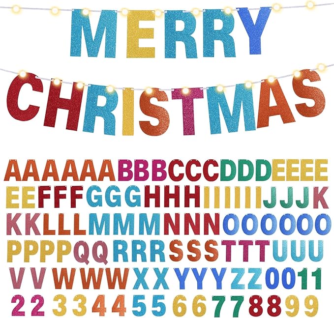 TaoBary 112 Pcs DIY Letter Kit Glitter Customizable Banner Letters Include 107 Letters and Numbers 3 Rope and 2 Needles for Birthday Halloween Christmas Wedding Valentine Party Decor(Rainbow)