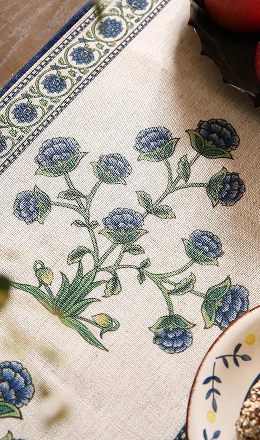 patdrea Designer Blue Rustic Elegant Floral Patterned Linen Table Runner 71 Inch Long,Wrinkle Resistant Table Mat,Decoration for Kitchen Dining and Coffee Tables Banquet Christmas , 12"x71"