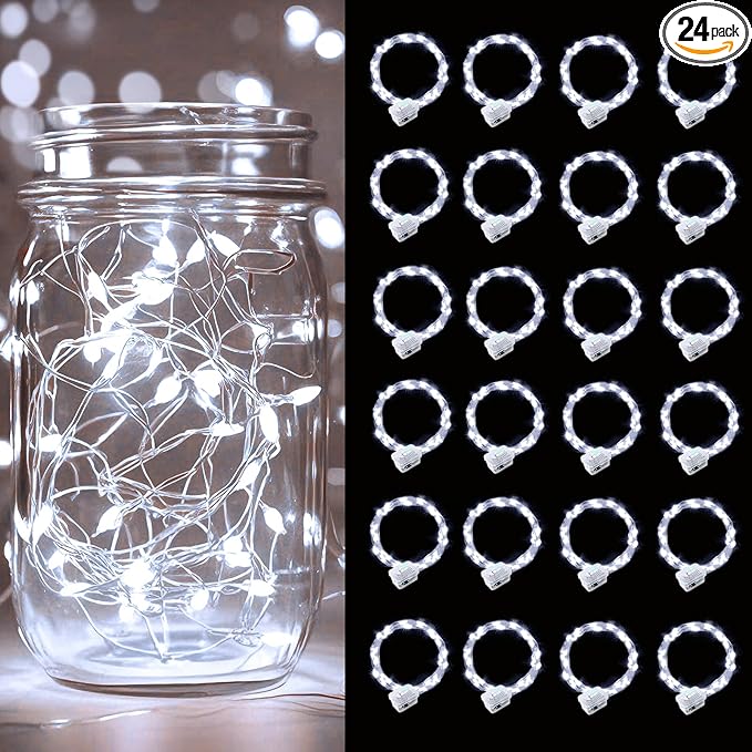 pozzolanas 24 Pack White Battery Operated String Lights - 7ft Waterproof Fairy Lights with 20 LEDs for Home, Mason Jar, Party, Wedding, Halloween, Christmas Decorations