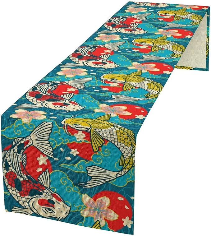 Japanese Kio Fish Table Runner Oriental Tradition Cherry Art Printed Burlap Runner Home Kitchen Dining Table Living Room Decor Fabric 1 Panel W13xL60in