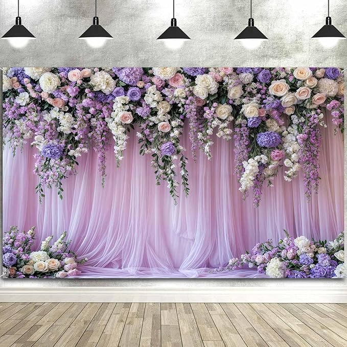12x10ft Purple Lavender Floral Bridal Backdrop Wedding Flower Photography Backdrop for Girl Portrait Baby Shower Birthday Party Decor Banner Mother's Day Party Wall Backdrop Studio Photo Backgrounds