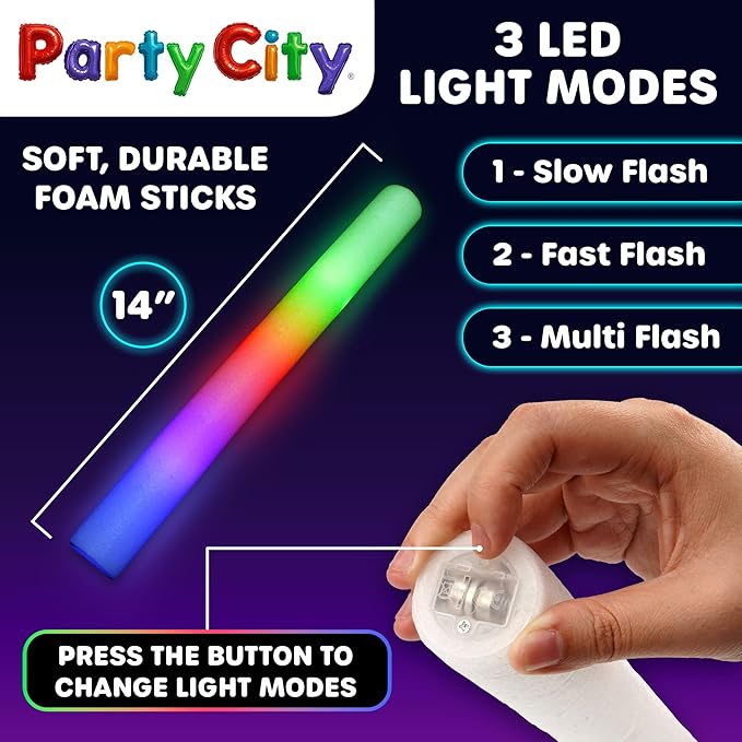 Party City 36pk LED Foam Glow Sticks 14”- Glow in the Dark Party Supplies Favors, Colorful Flashing Wand with 3 Modes, Foam Light Up Sticks Bulk Party Pack for Wedding, Birthday, Concert, Halloween