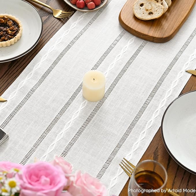 Artoid Mode Rustic Cotton Linen Table Runner, Seasonal Embroidered Hollow Kitchen Dining Table Decoration for Home Party Decor 13x90 Inch