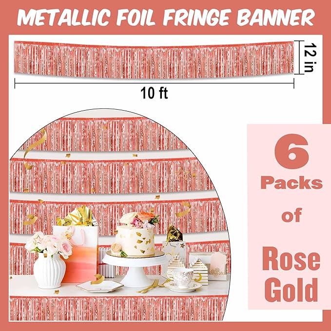 6 Pack 10 Ft Rose Gold Foil Fringe Garland Metallic Streamers Tinsel Banner Wall Hanging Garland Backdrop for Parade Floats, Halloween, Christmas, Thanksgiving, New Year Party Decorations