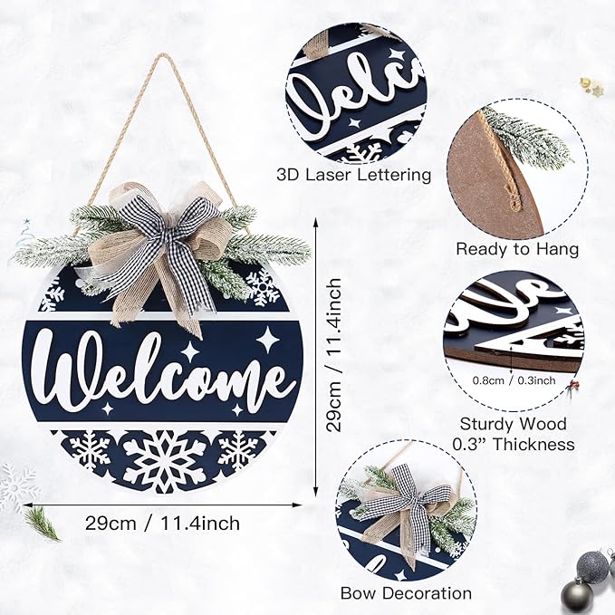 CHDITB Blue Welcome Winter Front Door Sign Wreath(11.4”), Wooden 3D Welcome Home Decoration Wall Hanging with Plaid Bow Snowflake, Farmhouse Christmas New Year Decor for Home Office