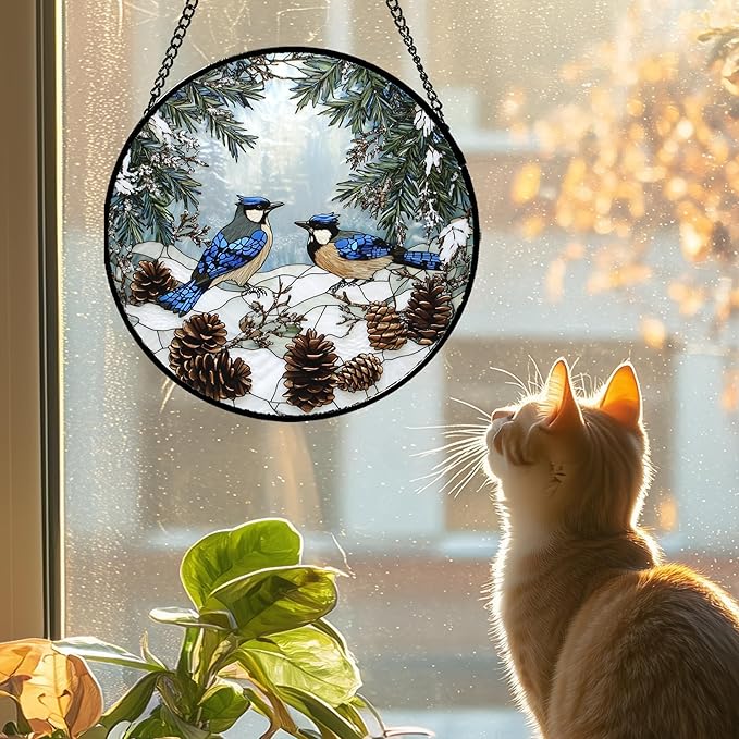 Stained Glass Window Hanging - Blue Bird Winter Forest Landscape Suncatcher for Door Garden Yard Sun Catchers Decor Christmas Mother's Day Birthday Gifts for Women Mom Nana Friend 15 in