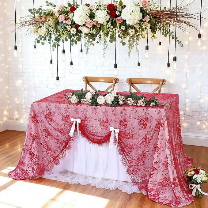 LuoluoHouse Christmas Lace Tablecloth 6pcs Rose Floral Table Fabric 60x120 Inch for Rustic Theme Party Wedding Decoration Rectangle Overlay Long Embroidered Reception Table Cloth Decor