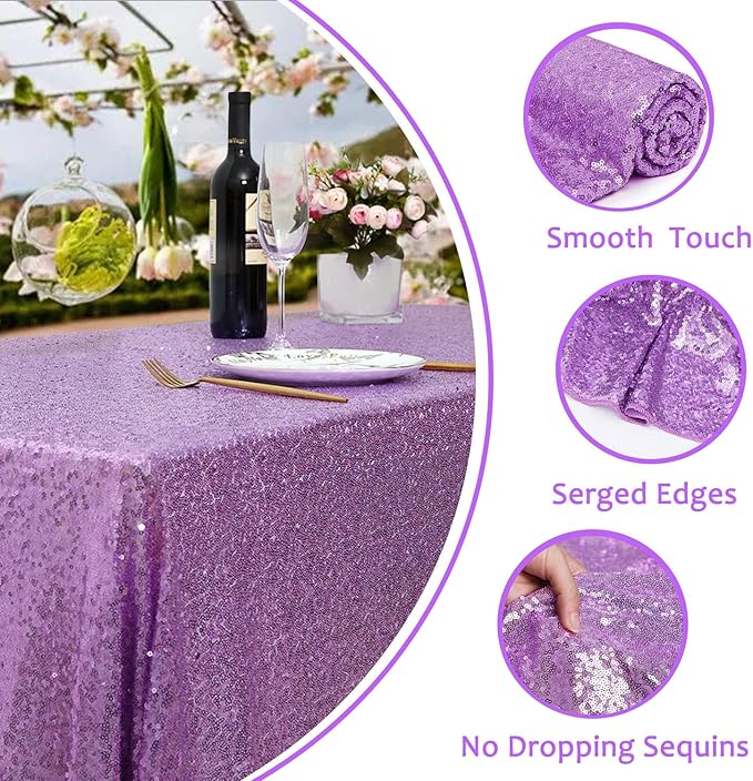 QueenDream Sparkly Sequin Tablecloth - Light Purple Table Cloth 50x80 Inches Rectangle Table Overlay Fabric for Birthday Parties Baby Shower Decoration