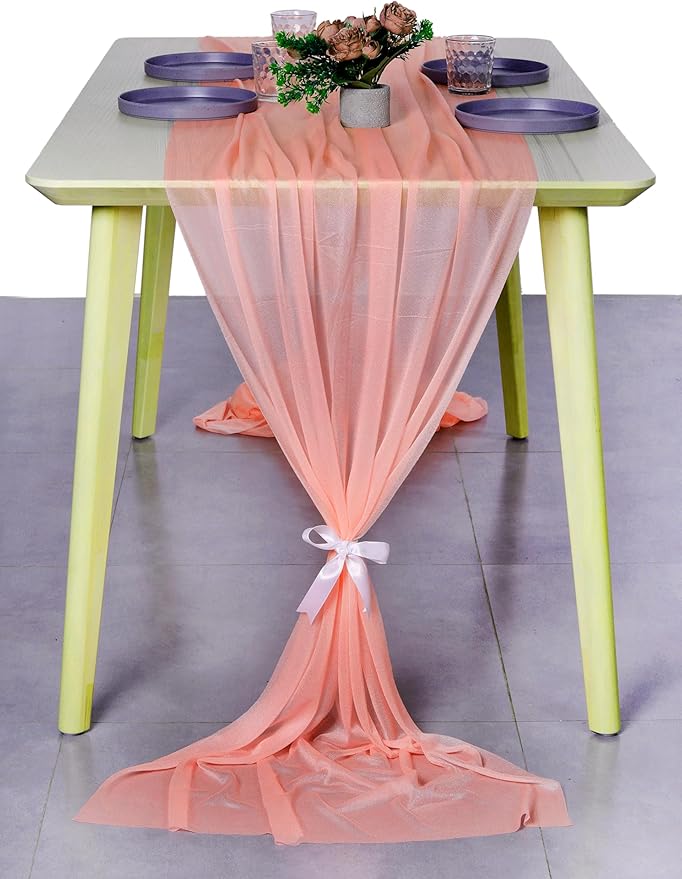 MDS 5 Pack 10ft Chiffon Table Runner 29 x 120 Inches Sheer Wedding Runner Romantic Rustic Table Runner for Wedding Decorations, Birthday Parties, Bridal Shower Party Arch Decor - Peach
