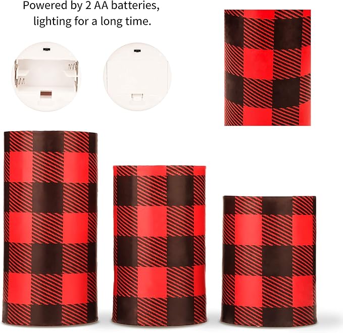 Silverstro Christmas Red Flameless Candles: Farmhouse Theme Flickering Real Wax Buffalo Check Decorative Candles with Remote - Home Party Bathroom Room Christmas Decorations - Set of 3