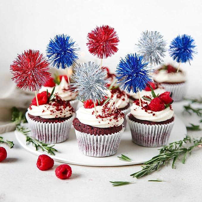 Ephlyn 30Pcs Foil Firework Cupcake Toppers Sparkle Tinsel Cupcake Picks Happy Birthday Cake Toppers Drink Cocktail Food Fruit Toothpicks for Baby Shower Birthday Party Supplies Red Silver Dark Blue