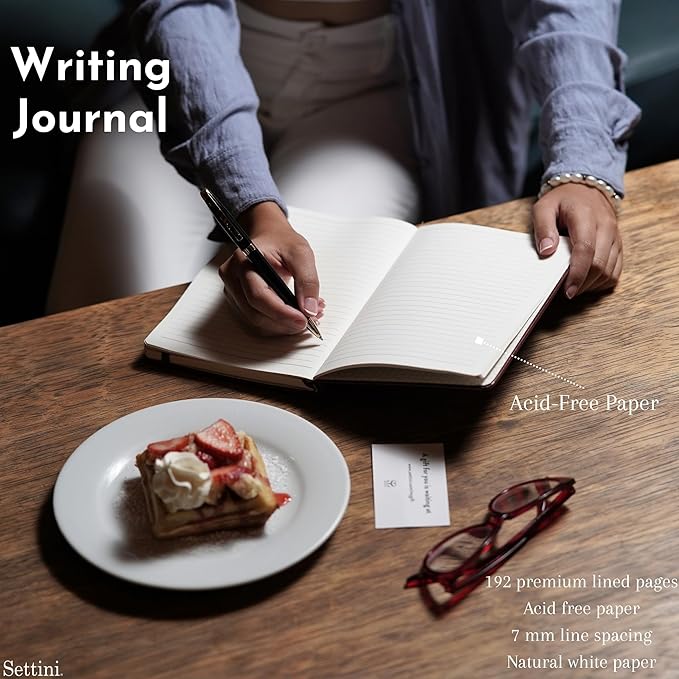 SETTINI® Lined Journal - Modern White Journal for Writing Gift Set - Hardcover Vegan Leather, Includes Luxury Pen in a Unique Pen Holder, 192 Pages, 6 x 8.5 inches, Birthday Gift