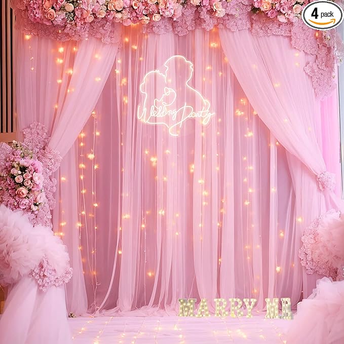 20ft x 10ft Pink Tulle Photo Backdrop Curtain with Lights String for Baby Shower Sheer Baby Pink Curtain Backdrop for Birthday Party Wedding Photo Booth Photography Background Decorations