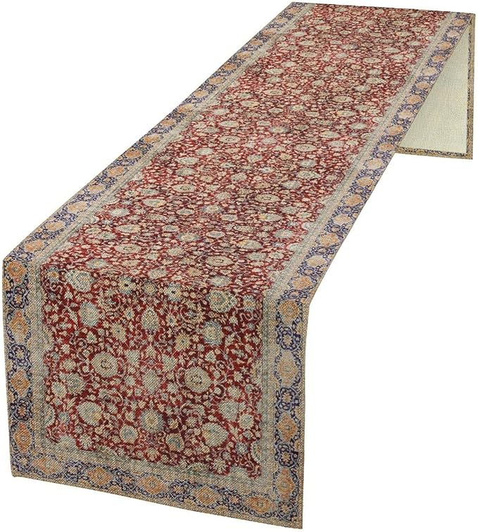 Boho Bohemia Style Table Runner, Vintage Red Blue Retro Flower Rustic Country Style Floral Print Pattern for Home Kitchen Table Decor Dining Coffee Room Garden Party Decor 13x120in