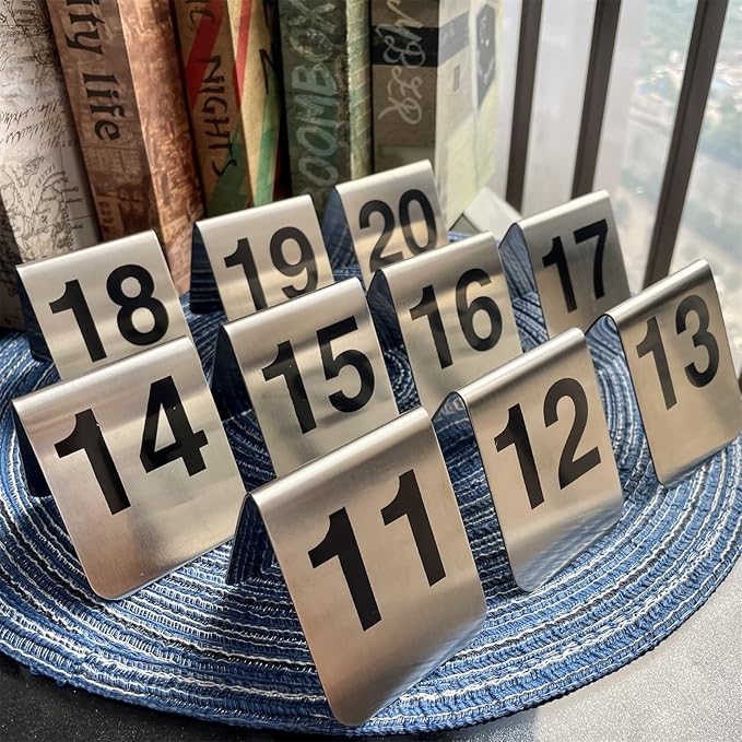 10 Pcs Metal Place Cards Stackable Tent Style Table Numbers，Place Card Holders for Celebration Wedding Party Restaurants Cafes Bars Gatherings meeting Room Board Game Serial (Medium 11-20, Black)
