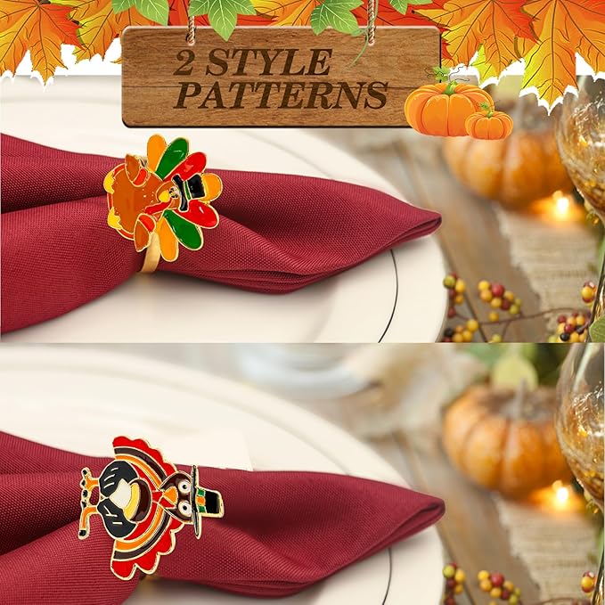 KPOSIYA Thanksgiving Napkin Rings Set of 6, Turkey Napkin Rings Vintage Alloy Fall Napkin Holders for Holiday Dinner Parties, Weddings, Family Gatherings