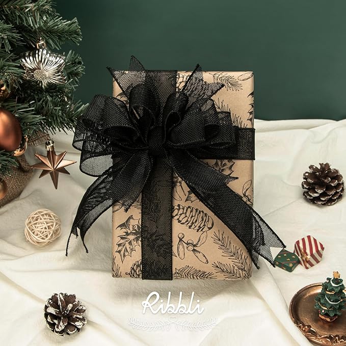 Ribbli Black Burlap Wired Ribbon,1-1/2 Inch x 10 Yard, Wired Edge Ribbon for Big Bow,Wreath,Tree Decoration,Outdoor Decoration