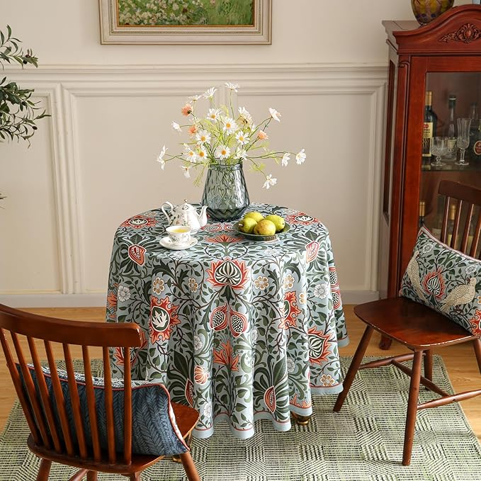 ISAENNE Designer Bohemian Linen Green Small Round Tablecloth,Floral Indoor Table Cloth,Stain Resistant Decor Tablecloths for Dining Thanksgiving Kitchen Party Christmas,Diameter 55"-Naples