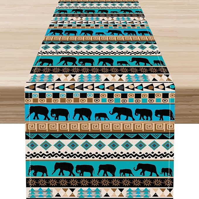 Boho Table Runner, Rustic Aztec Blue Teal African Elephant Tribal Ethnic Native Farmhouse Table Center Decor for Home Kitchen Dining Patio Holiday Party Indoor Outdoor Table Decorations, 13"x36" Inch