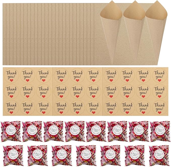 PATIKIL Dried Flower Confetti Cones, 30Pcs Paper Tapers Cone Holder with Dried Rose Petals / Sticker for Wedding Party Engagement Birthday DIY Decoration, Red/Purple