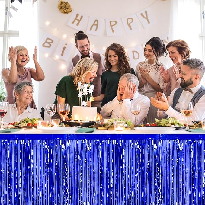 3 Pack 29 x108 Inch Blue Foil Fringe Table Skirts Metallic Banner for Tinsel Streamer Garland Backdrop for Parade Floats Wedding Thanksgiving Birthday Christmas Halloween New Year Party Decoration