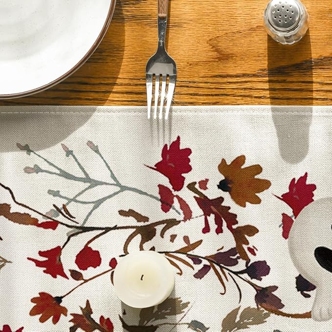 Artoid Mode Ghost Flowers Leaves 210 GSM Halloween Table Runner,Seasonal Fall Kitchen Dining Table Decoration for Home Party Decor 13x60 Inch