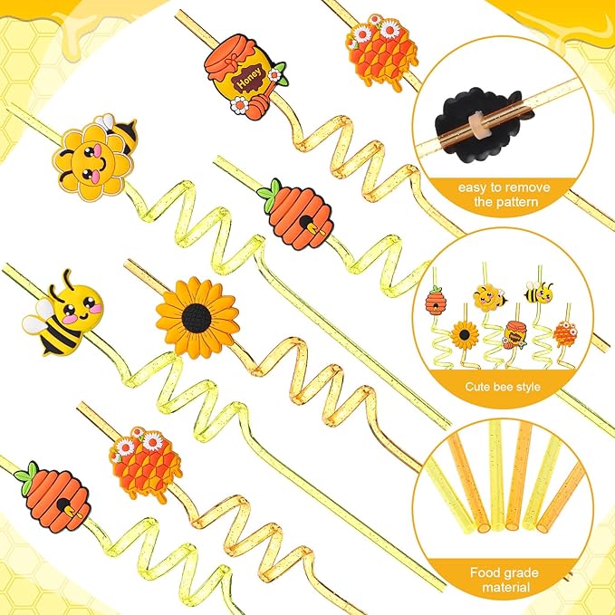 Yungyan 24 Sets Honey Bee Party Favors Goodie Cups with Lids and Straws for Birthday Decorations Reusable 16oz Plastic Candy Cups Plastic Straws for Birthday Party(Bee)