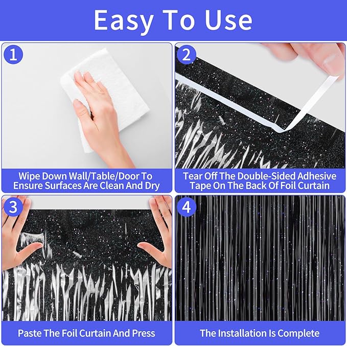 Picoway 4 Pack Foil Fringe Tinsel Backdrop Curtains, Birthday Engagement Bachelorette Party Decorations, Photo Booth Props Door Streamers Curtain (Black)