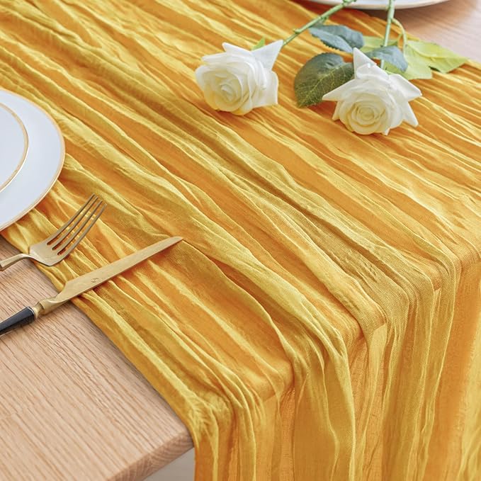Asee'm Cheesecloth Table Runner 120 Inches Long Gold Boho Gauze Cheese Cloth Runner 10FT Rustic Sheer Fall Table Runners for Thanksgiving Christmas Wedding Party Baby Shower Decoration